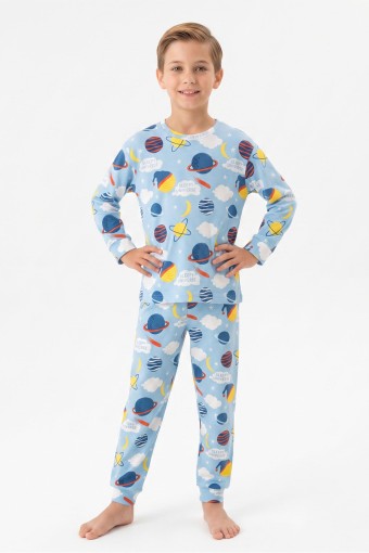 İSOBEL - İsobel Erkek Garson Pijama Takımı Uzun Kollu Gezegen Desenli - Mavi