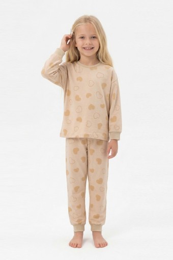 İSOBEL - İsobel Kız Çocuk Pijama Takımı Uzun Kollu Kalp Desenli Pamuklu - Bej