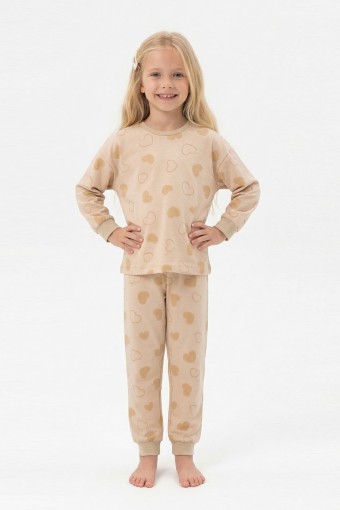 İSOBEL - İsobel Kız Çocuk Pijama Takımı Uzun Kollu Kalp Desenli Pamuklu - Bej (1)