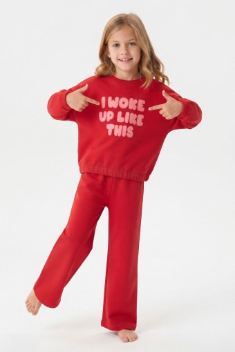 İSOBEL - İsobel Kız Çocuk Pijama Takımı Uzun Kollu Yazılı Süprem - Kırmızı