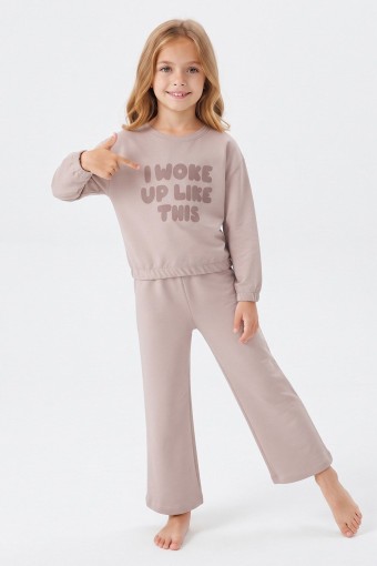 İSOBEL - İsobel Kız Çocuk Pijama Takımı Uzun Kollu Yazılı Süprem - Vizon