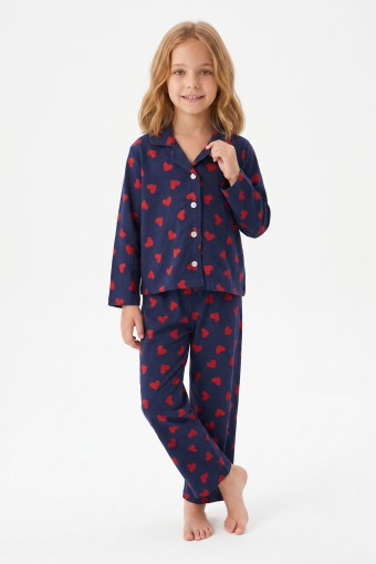 İSOBEL - İsobel Kız Pijama Takımı Uzun Kollu Boydan Düğmeli Kırmızı Kapli - Lacivert
