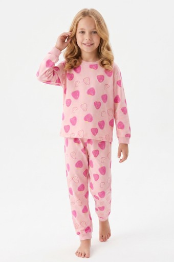 İSOBEL - İsobel Kız Pijama Takımı Uzun Kollu Çilekli Desen Süprem - Somon