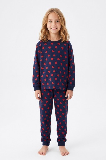 İSOBEL - İsobel Kız Pijama Takımı Uzun Kollu Kırmızı Kapli - Lacivert