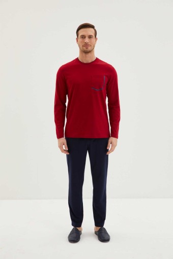 KİĞILI - Kiğılı Erkek Kontrast Bisiklet Yaka Uzun Kollu Pijama Takımı