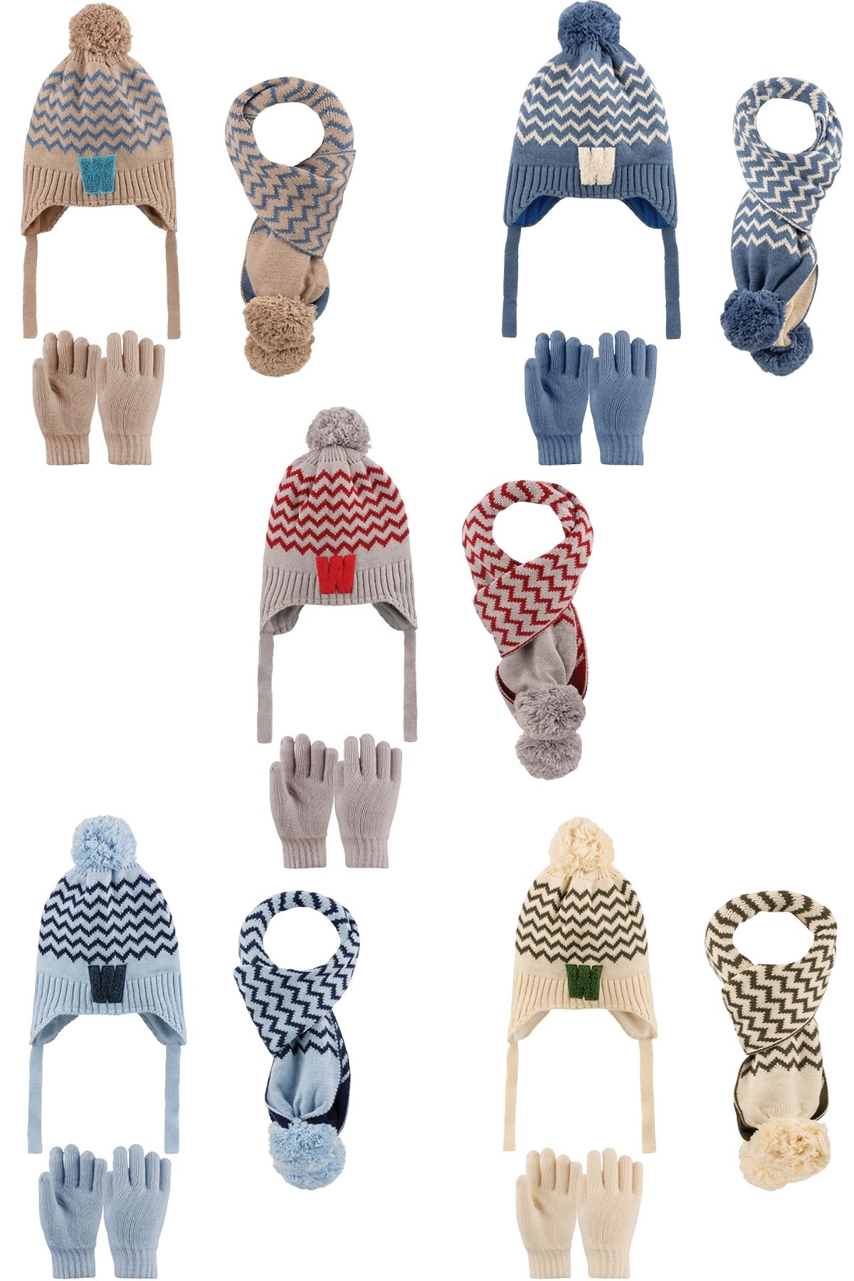 Kitti Erkek Çocuk Atkı Bere Eldiven Takımı Tek Ponponlu Zig Zag Desenli - Thumbnail