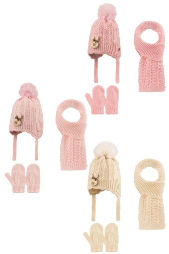 KİTTİ - Kitti Kız Bebek Atkı Bere Eldive Takım Tek Ponponlu