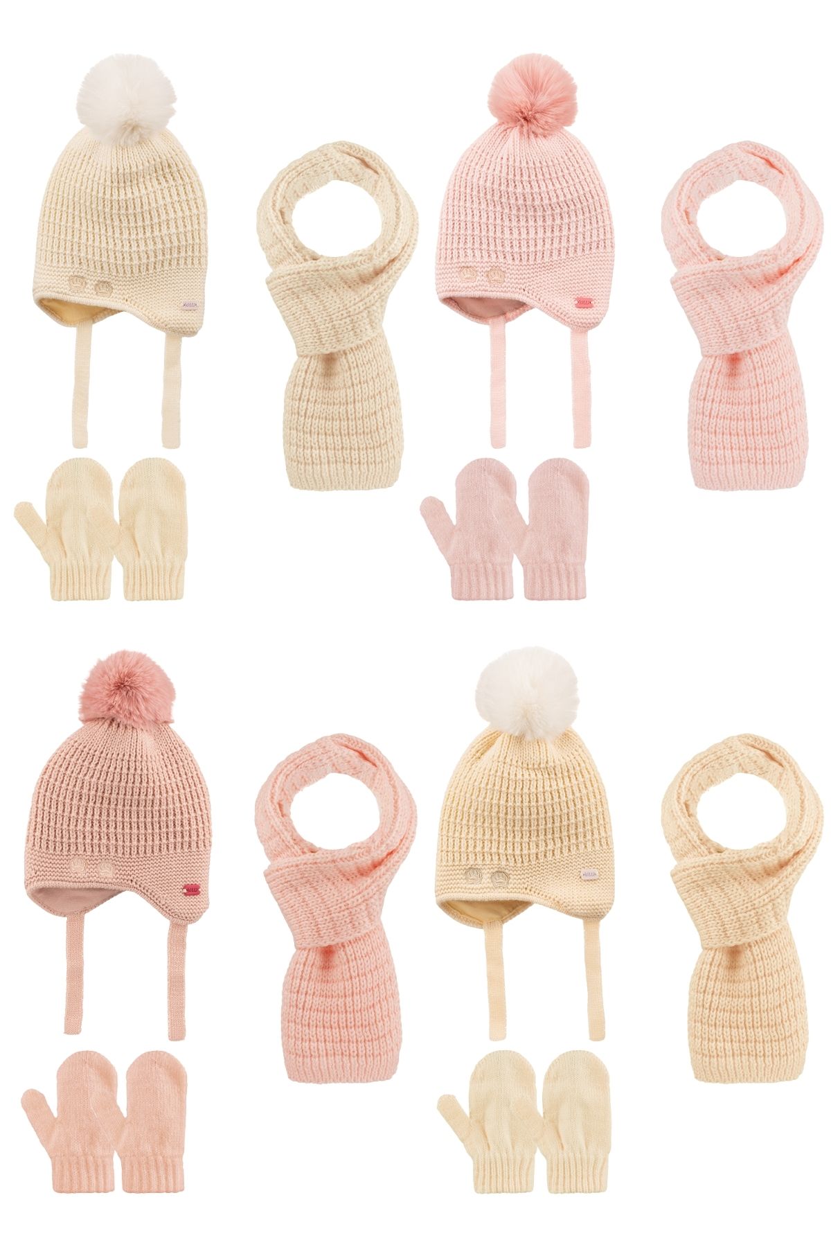 Kitti Kız Bebek Atkı Bere Eldive Takım Tek Ponponlu - Thumbnail