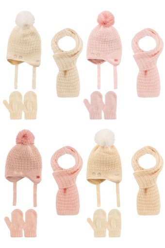 KİTTİ - Kitti Kız Bebek Atkı Bere Eldive Takım Tek Ponponlu