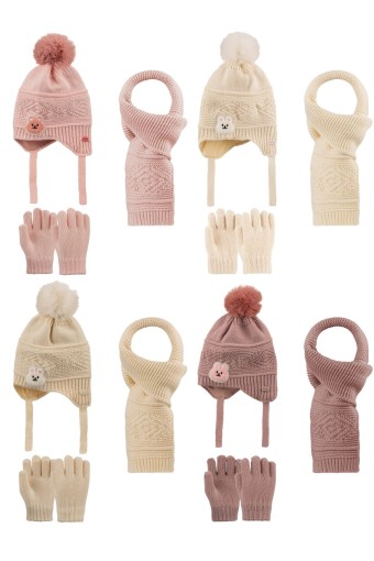 KİTTİ - Kitti Kız Bebek Atkı Bere Eldiven Takım Ponponlu İçi Polarlı 1-4 Yaş