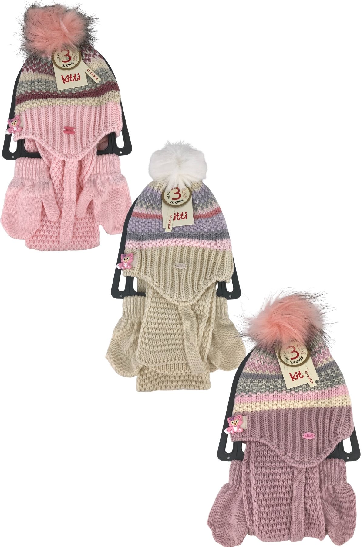 Kitti Kız Bebek Atkı Bere Eldiven Takım Tek Ponponlu - Thumbnail