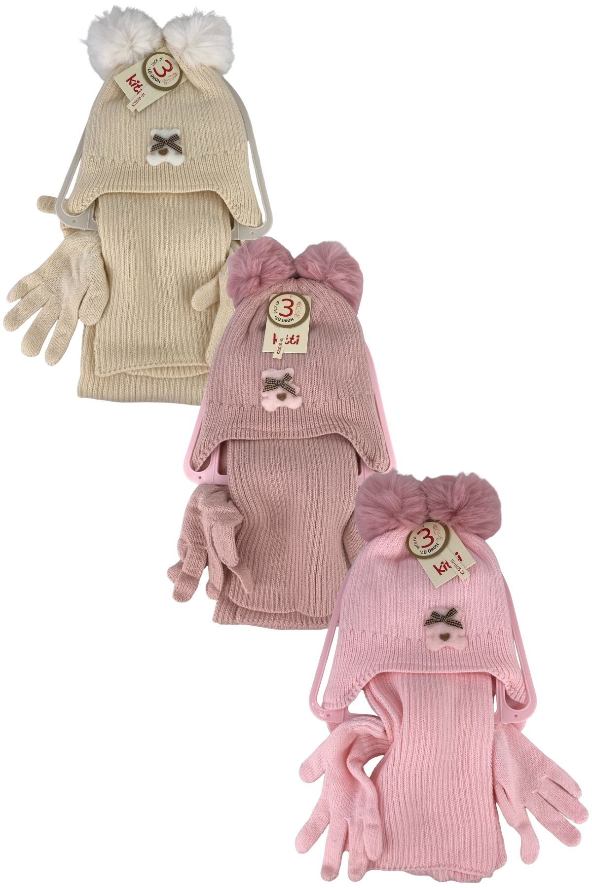 Kitti Kız Çocuk Atkı Bere Eldiven Takım Çift Ponponlu - Thumbnail