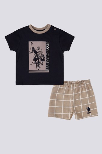 U.S POLO-YASİN TEKSTİL - Kız Bebek 2'li Takım Kısa Kollu Süprem Kiraz Desenli Fırfırlı - Krem