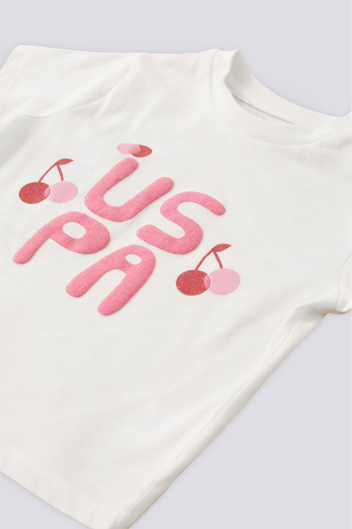 Kız Bebek 2'li Takım Kısa Kollu Süprem Kiraz Desenli Fırfırlı - Krem - Thumbnail