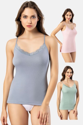 KOTA - Kota Kadın Atlet İp Askılı Raporlu Yakası Dantel Detaylı Ribana - Asorti - XL