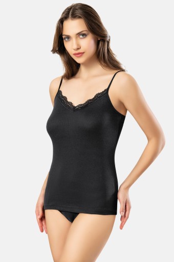 KOTA - Kota Kadın Atlet İp Askılı Raporlu Yakası Dantel Detaylı Ribana - Siyah - SM