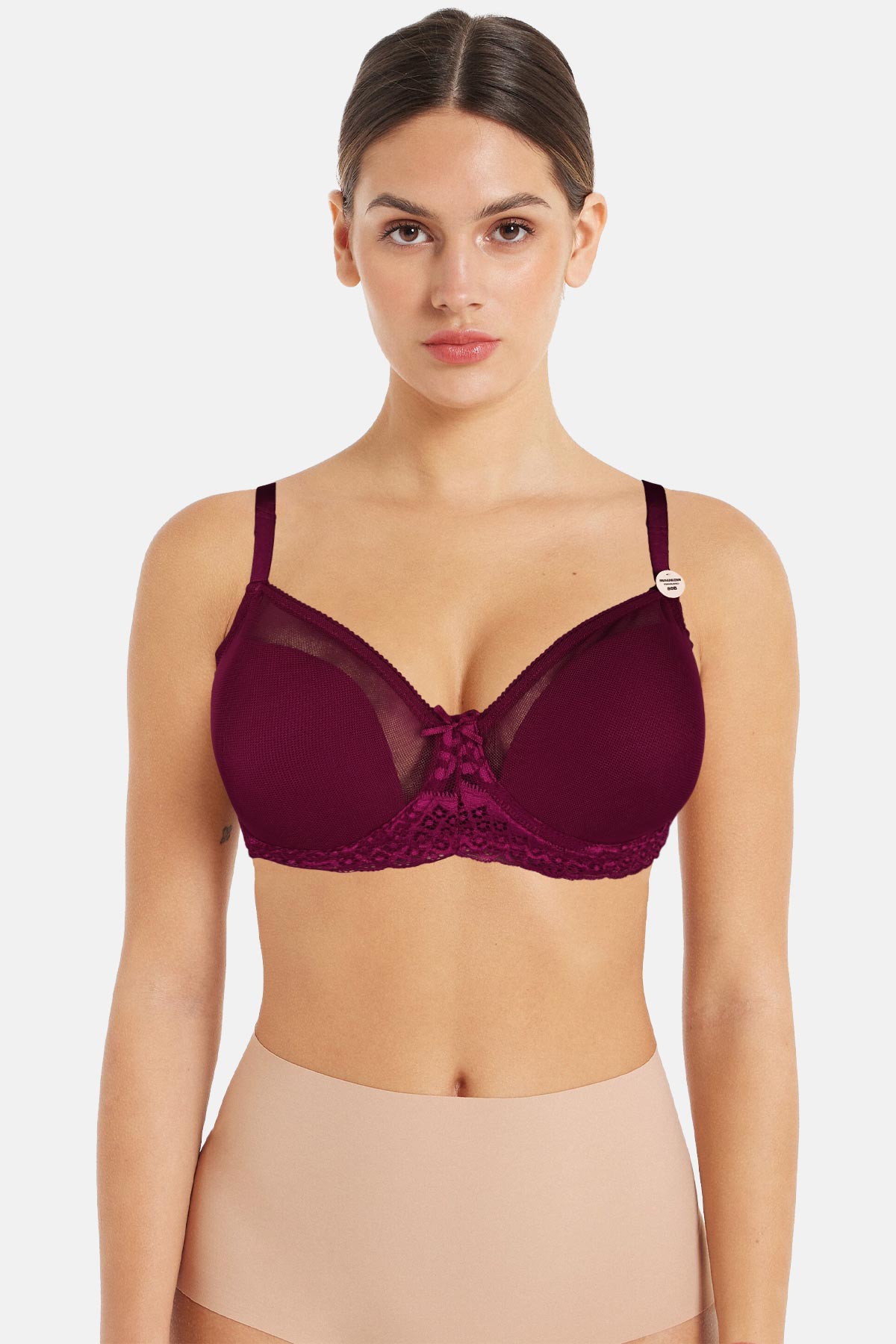 Koza Kadın Desteksiz Sütyen Minimizer Dantel ve Tül Detaylı - Vişne Çürüğü - Thumbnail