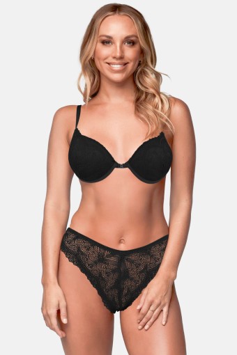 KOZA - Koza Kadın Yarım Destekli Sütyen Külot Takımı Önden Agraflı Dantelli - Siyah