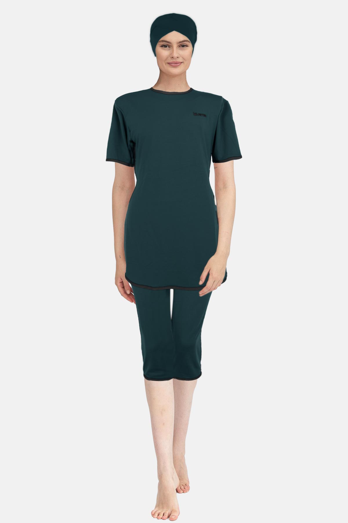 Ladytes Kadın Yarı Kapalı Mayo Kısa Kollu Bisiklet Yaka Büyük Beden - Petrol Yeşili - Thumbnail