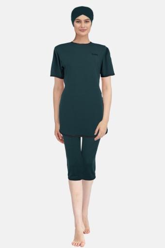 LADYTES - Ladytes Kadın Yarı Kapalı Mayo Kısa Kollu Bisiklet Yaka Büyük Beden - Petrol Yeşili