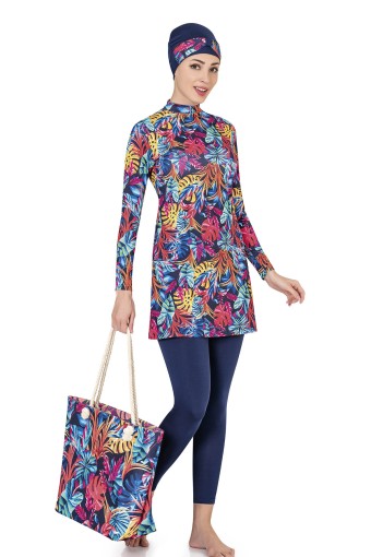 LADYTES - Ladytes Kadın Tam Kapalı 2'li Tesettür Mayo Desenli - Lacivert