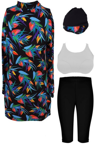 LADYTES - Ladytes Kadın Tam Kapalı 2'li Tesettür Mayo Desenli - Siyah