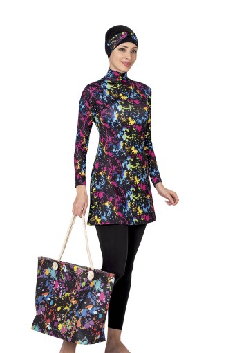 LADYTES - Ladytes Kadın Tam Kapalı 2'li Tesettür Mayo Desenli - Siyah