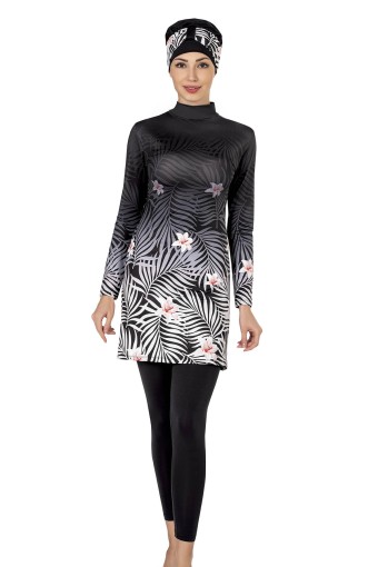 LADYTES - Ladytes Kadın Tam Kapalı 2'li Tesettür Mayo Desenli - Siyah