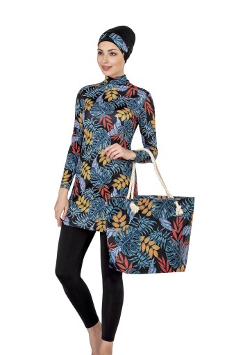 LADYTES - Ladytes Kadın Tam Kapalı 2'li Tesettür Mayo Desenli - Siyah