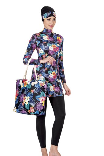 LADYTES - Ladytes Kadın Tam Kapalı 2'li Tesettür Mayo Desenli - Siyah