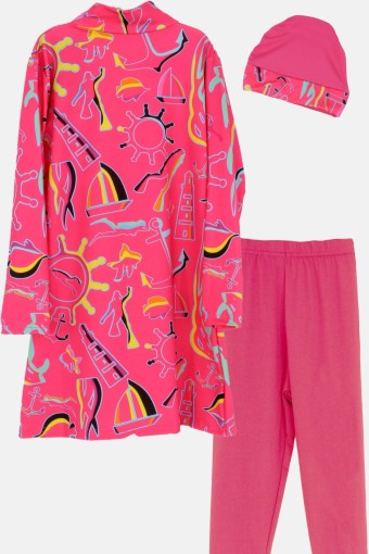 LADYTES - Ladytes Kız Garson Tam Kapalı Tesettür Mayo Üstü Desenli - Çok Renkli