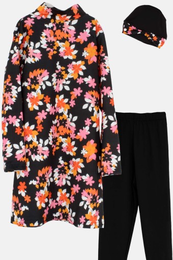 LADYTES - Ladytes Kız Garson Tam Kapalı Tesettür Mayo Çiçek Desenli - Lacivert