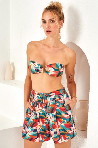 LAPIENO - Lapieno Kadın Beli Büzgülü Yanı Cepli Şort Çiçek Desenli - Çok renkli