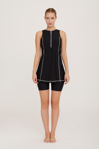 LAPIENO - Lapieno Kadın Elbise Mayo Üstü Fermuarlı Şerit Dikiş Detaylı - Siyah