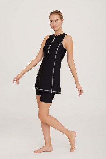 LAPIENO - Lapieno Kadın Elbise Mayo Üstü Fermuarlı Şerit Dikiş Detaylı - Siyah (1)