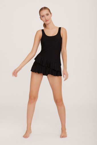 LAPIENO - Lapieno Kadın Elbise Mayo Etek Kısmı Fırfır Detaylı - Siyah