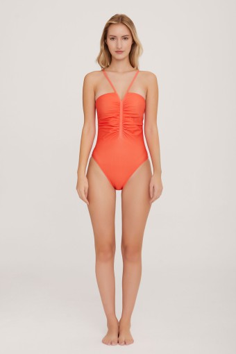 LAPIENO - Lapieno Kadın Mayo Önü Büzgülü Çapraz İpli Düz Renk - Turuncu