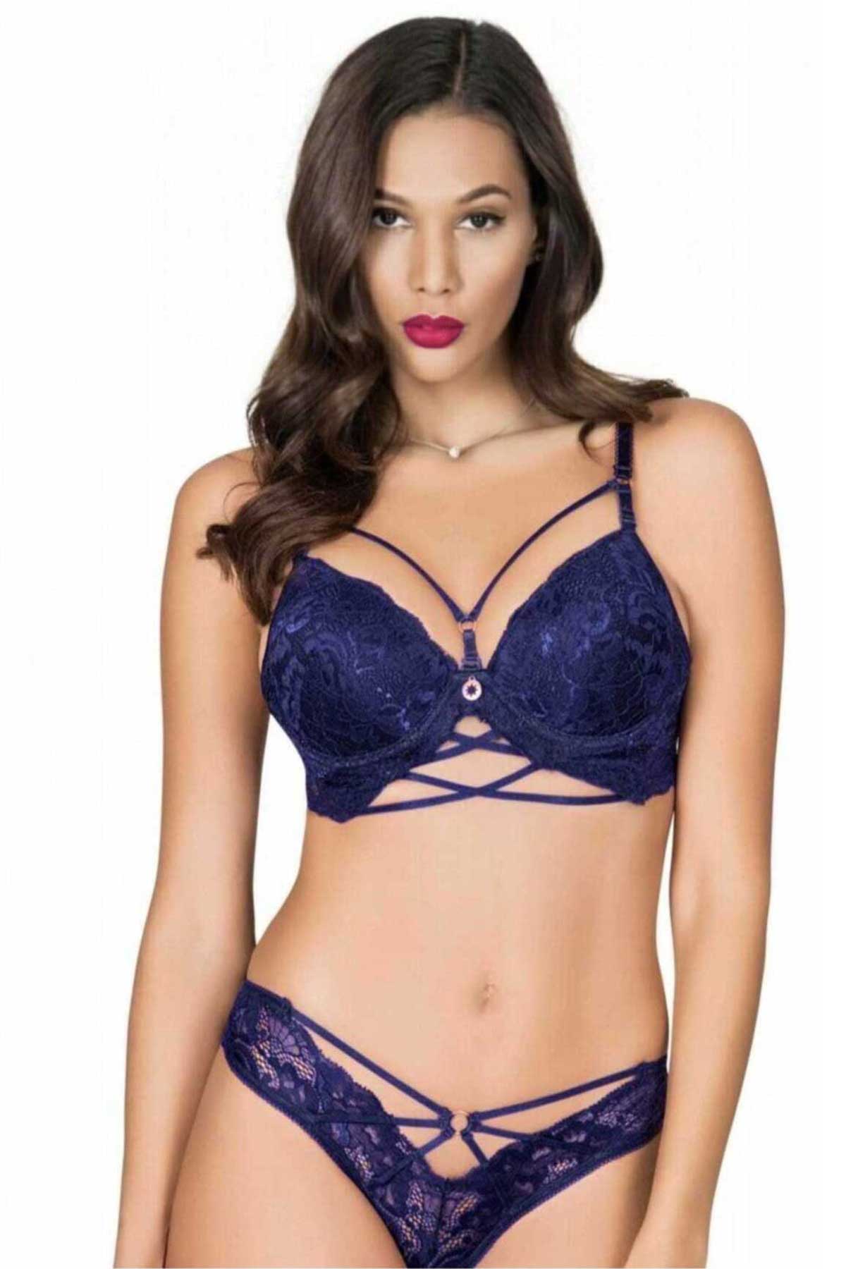 Lejardin Kadın Fantezi Destekli Sütyen Külot Takım Biye Şeritli Silikonlu Bralet - Thumbnail