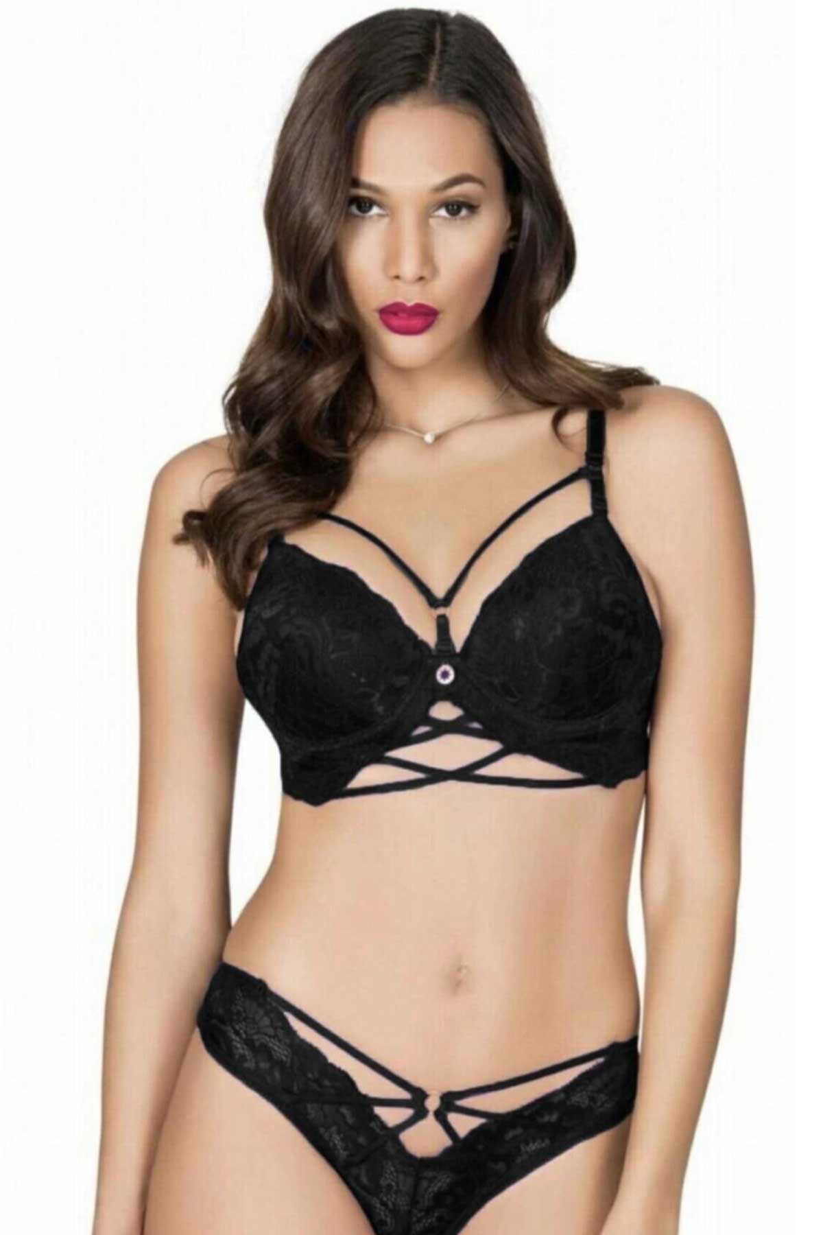 Lejardin Kadın Fantezi Destekli Sütyen Külot Takım Biye Şeritli Silikonlu Bralet - Thumbnail