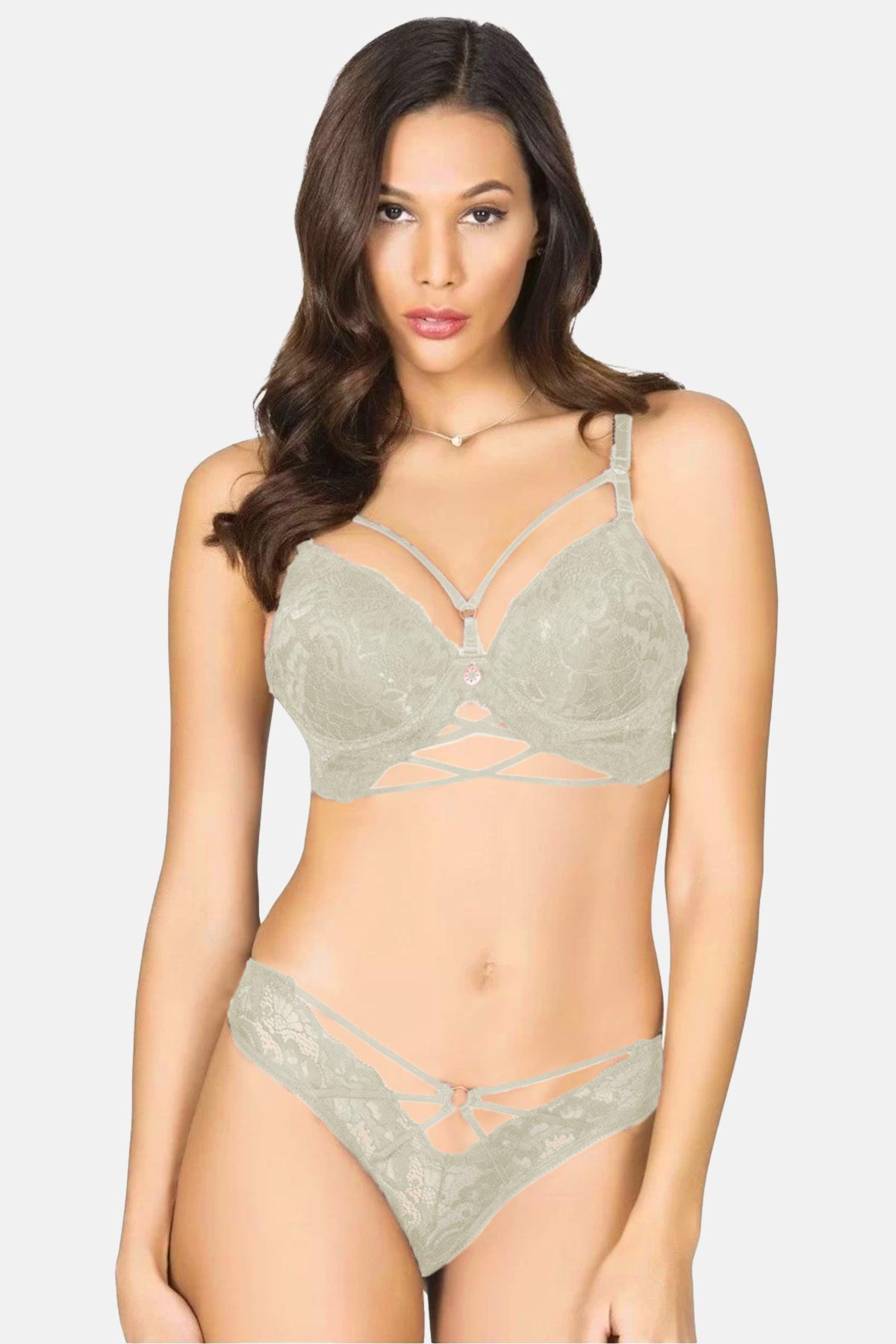 Lejardin Kadın Fantezi Destekli Sütyen Külot Takım Biye Şeritli Silikonlu Bralet - Thumbnail