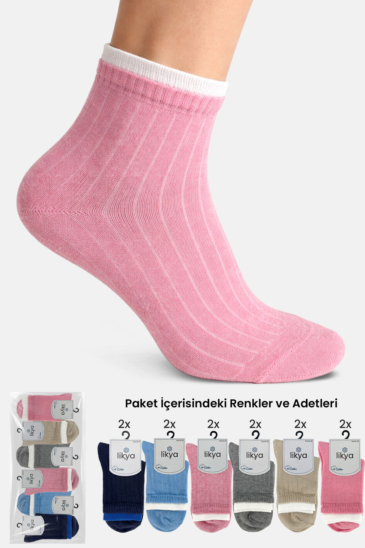 Likya Kadın Soket Çorap Çift Lastikli Derby Pamuklu - Thumbnail