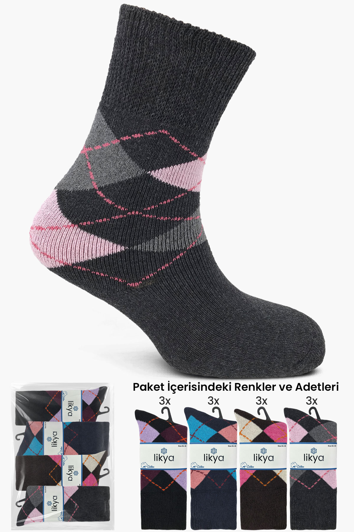 Likya Kadın Soket Çorap Havlu Ekose Pamuklu Comfort - Thumbnail