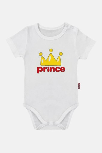 LULLABABY - Lullaby Erkek Bebek Prince Taç Baskılı Kısa Kol Body - Beyaz