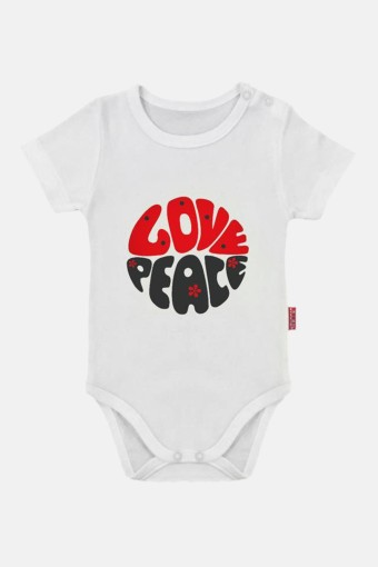 LULLABABY - Lullaby Unisex Bebek Love Peace Baskılı Kısa Kol Body - Beyaz