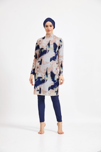 MARESIVA - Maresiva Kadın 2 li Tesettür Mayo Ebru Baskılı - Koyu Lacivert