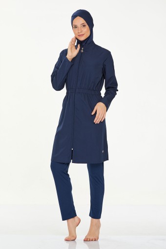 MARESIVA - Maresiva Kadın Agata Tam Kapalı Tesettür Mayo Ön Fermuarlı Üst Paraşüt Alt Likralı - Koyu Lacivert