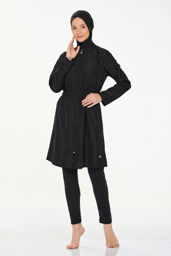 MARESIVA - Maresiva Kadın Agata Tam Kapalı Tesettür Mayo Ön Fermuarlı Üst Paraşüt Alt Likralı - Siyah