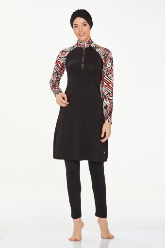 MARESIVA - Maresiva Kadın Bianca Tam Kapalı Tesettür Mayo Ön Yarım Fermuarlı Likralı - Siyah