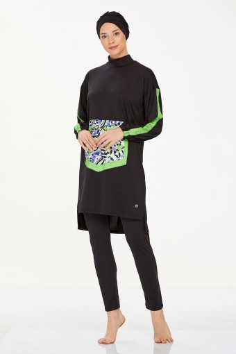 MARESIVA - Maresiva Kadın Carrie Tam Kapalı Tesettür Mayo Önde Süs Cepli Likralı - Siyah