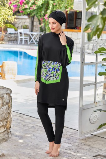 MARESIVA - Maresiva Kadın Carrie Tam Kapalı Tesettür Mayo Önde Süs Cepli Likralı - Siyah (1)